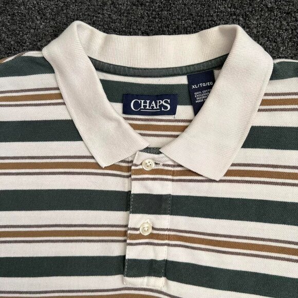 Chaps 100% Cotton Green and Brown Striped Polo Shirt - Picture 3 of 8